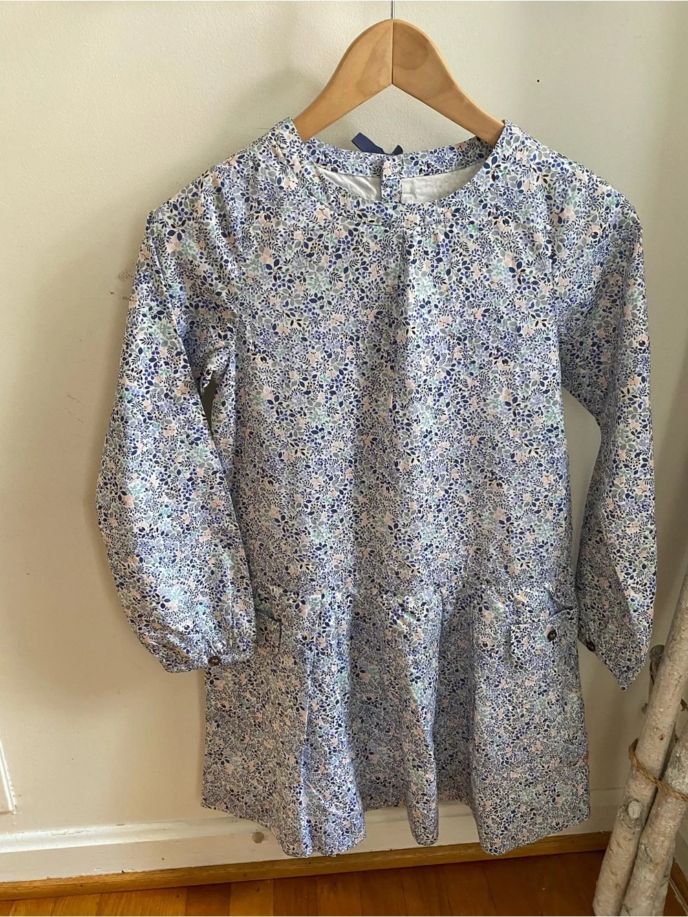 Girls Floral Long Sleeve Dress in Blue and Cream Jacadi Paris